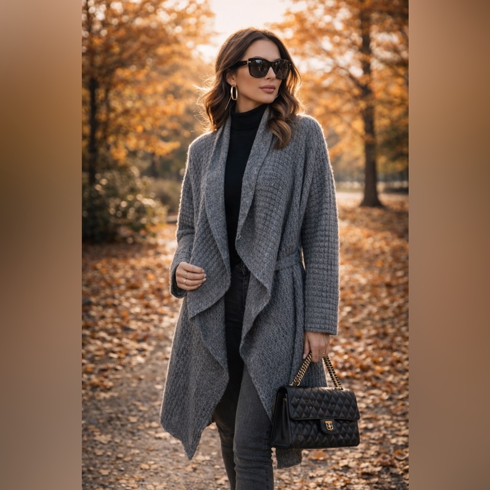 Luisa Cerano 12 grey knit open blanket cardigan sweater with belt